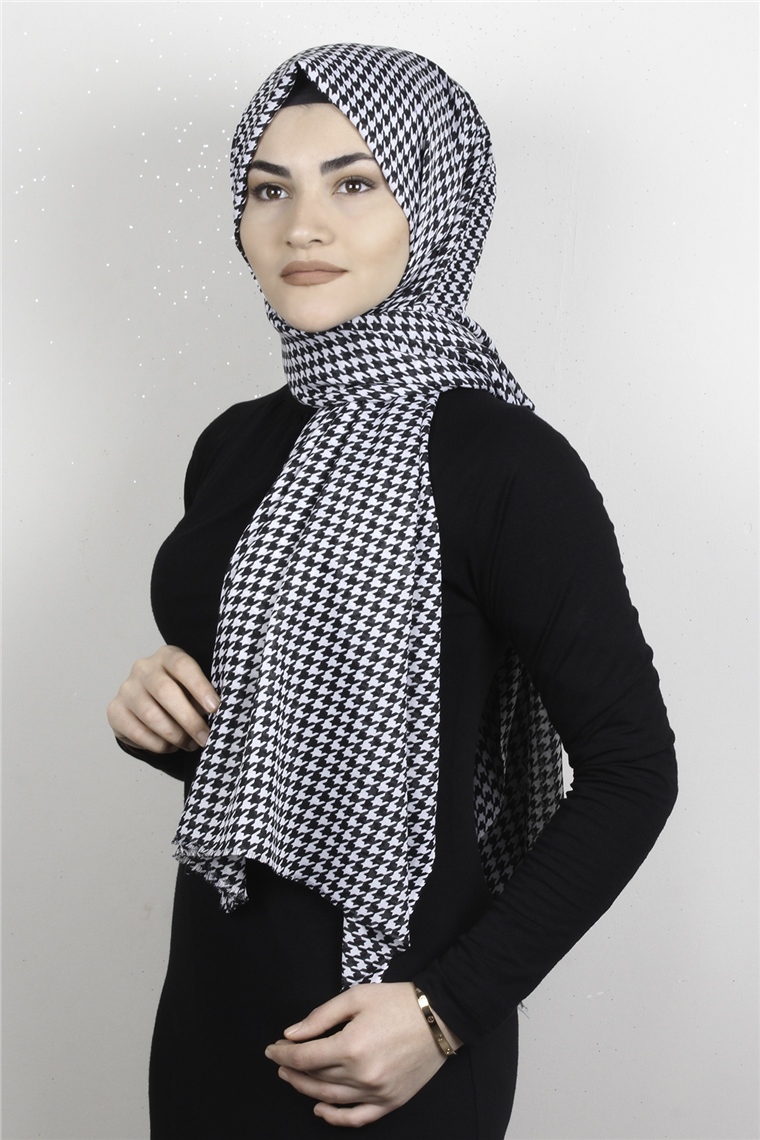 Pamuklu Desenli Şal 5757-18 Siyah Beyaz