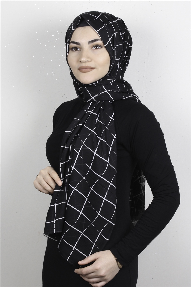 Pamuklu Desenli Şal 5757-23 Siyah Beyaz