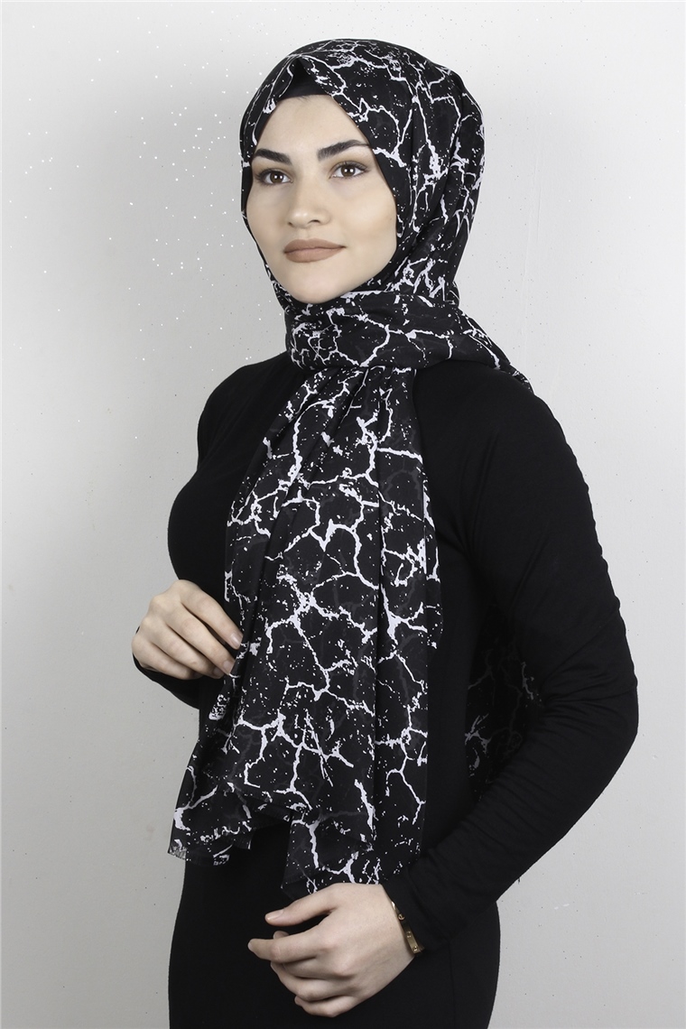 Pamuklu Desenli Şal 5757-29 Siyah Beyaz