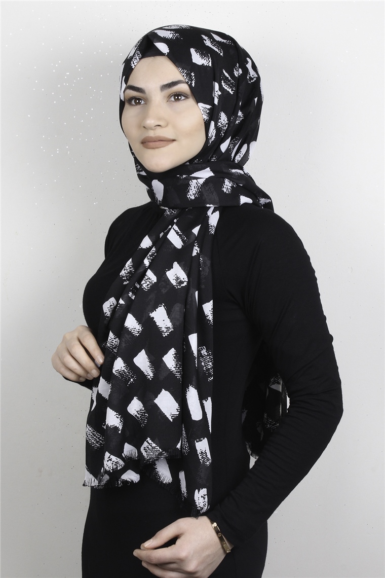 Pamuklu Desenli Şal 5757-7 Siyah Beyaz
