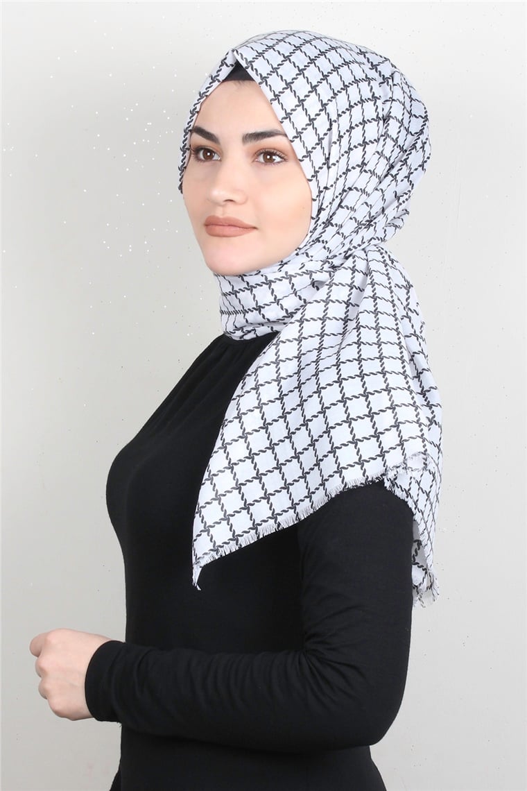 Pamuklu Desenli Şal 5758-15 Beyaz