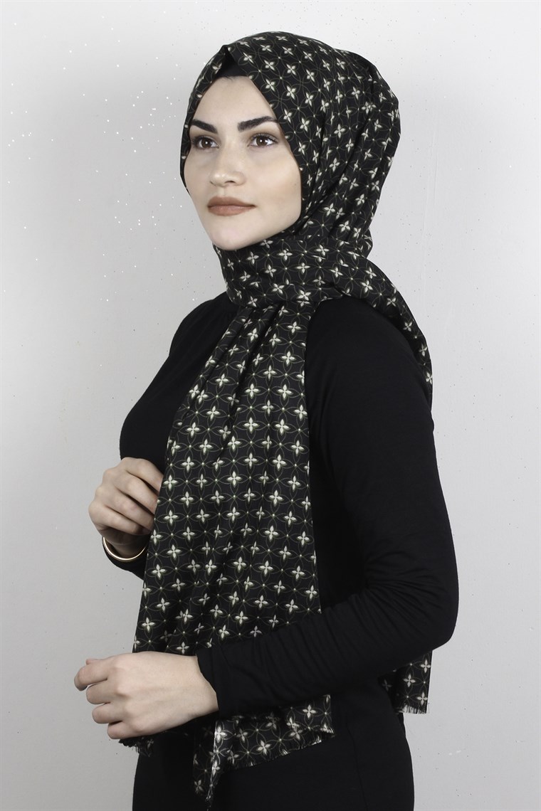 Pamuklu Desenli Şal 5759-5 Siyah-Haki