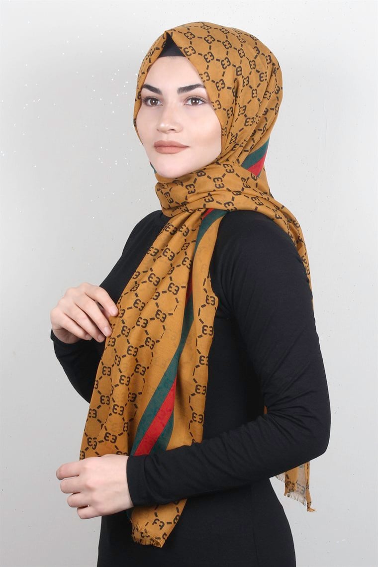 Pamuklu Desenli Şal 5760-4 Hardal