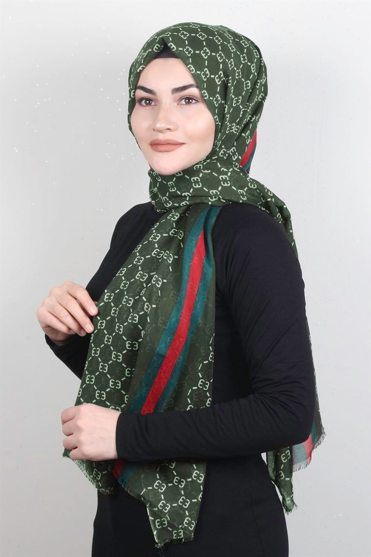 Pamuklu Desenli Şal 5760-5 Haki