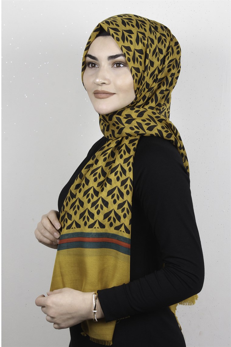 Pamuklu Desenli Şal 5763-3 Hardal