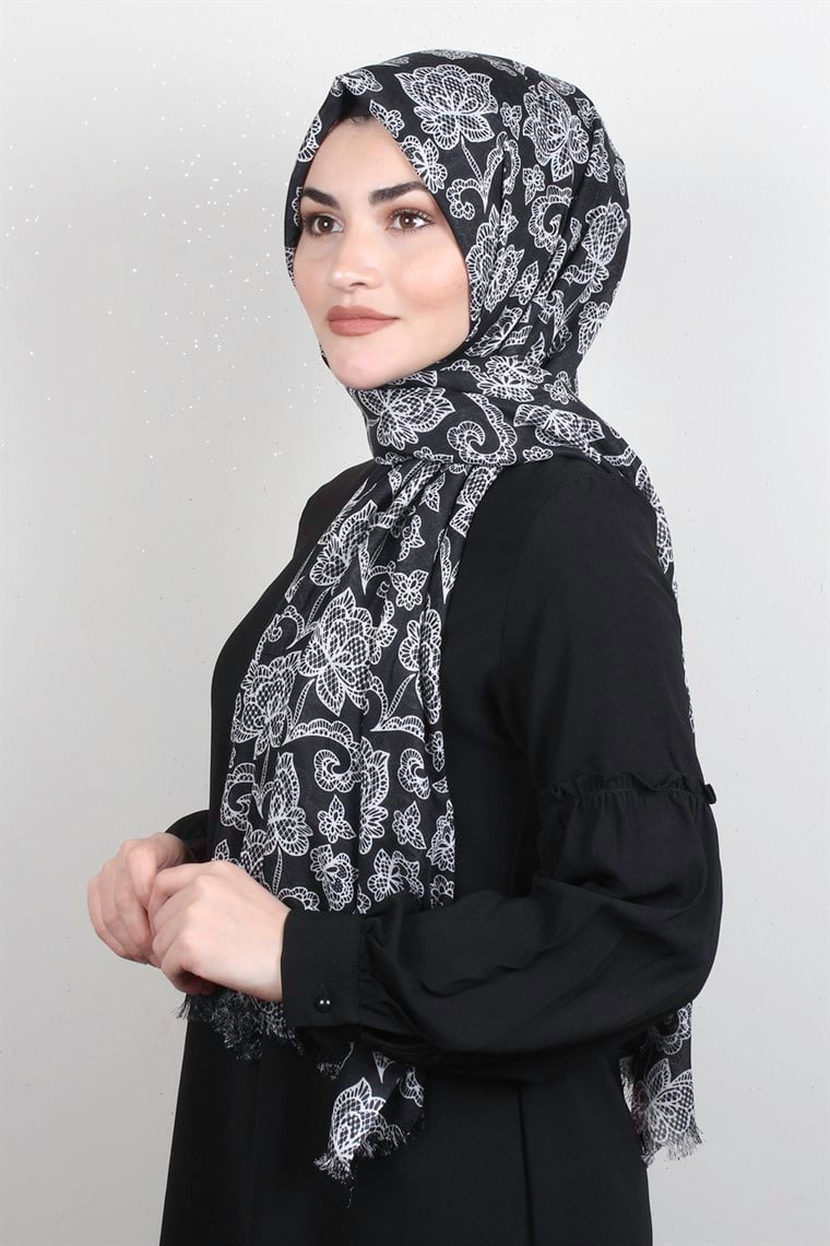 Pamuklu Desenli Şal 5766-3 Siyah