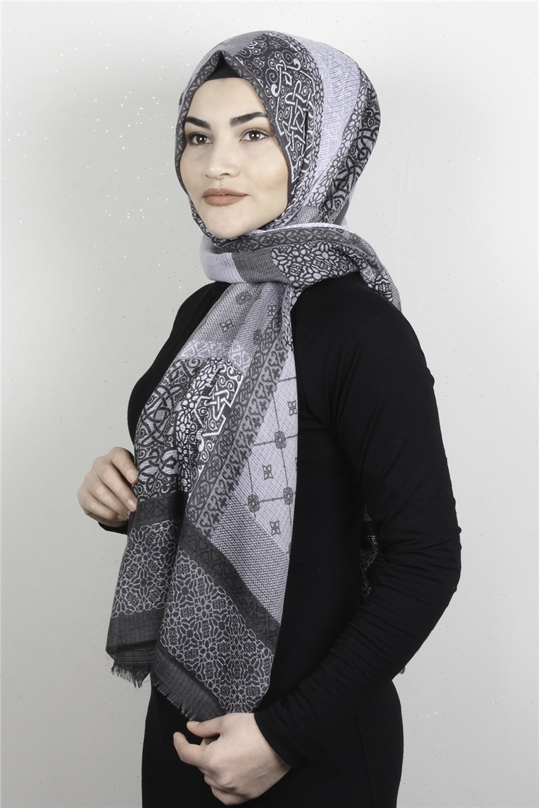 Pamuklu Desenli Şal 5772-10 Gri
