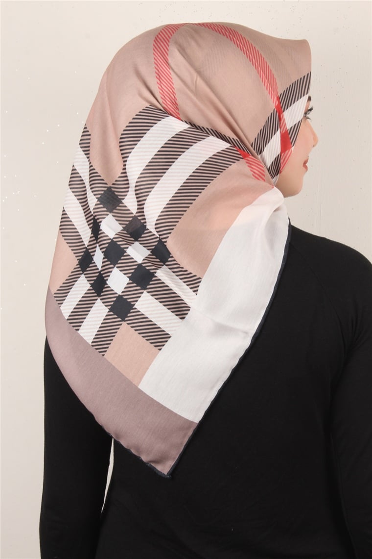 Pamuklu Soft Eşarp 3308-5 Bej-Kırmızı