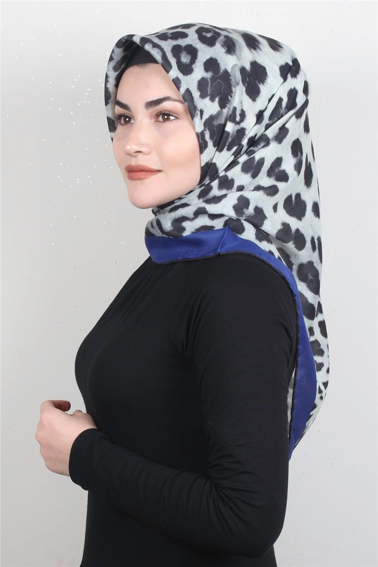 Pamuklu Soft Eşarp 3326-8 Leopar Saks Mavisi