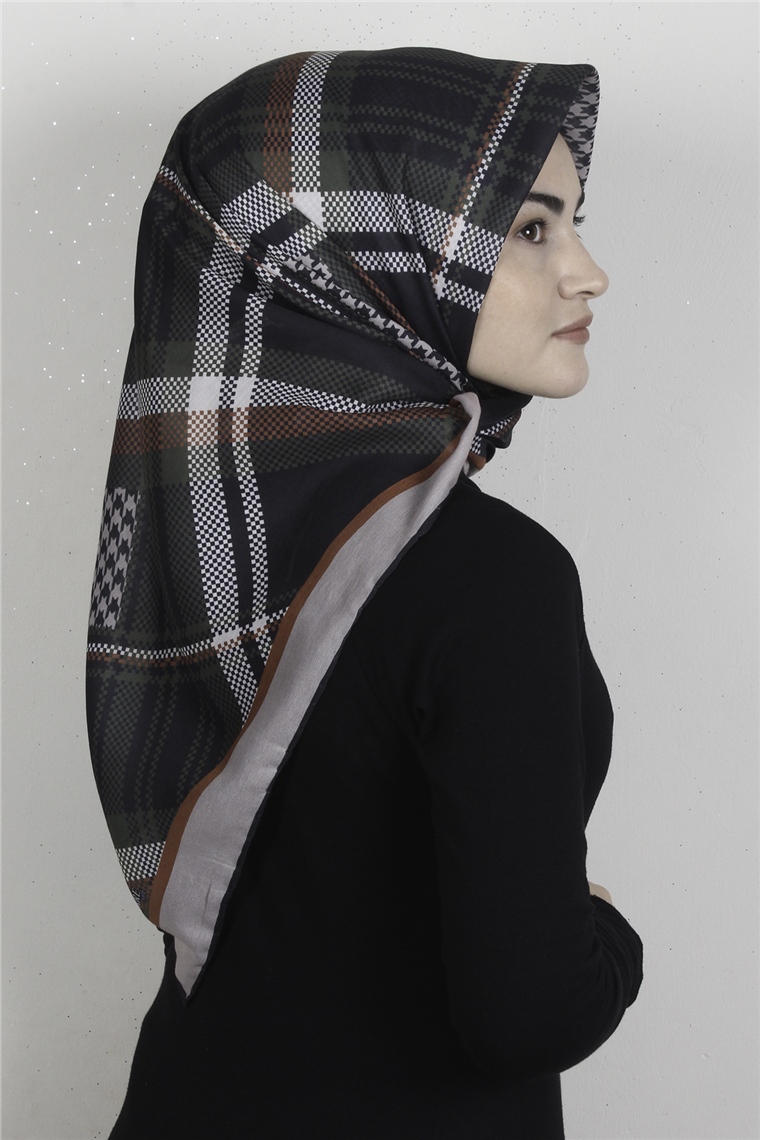 Pamuklu Soft Eşarp 3335-6 Siyah-Haki