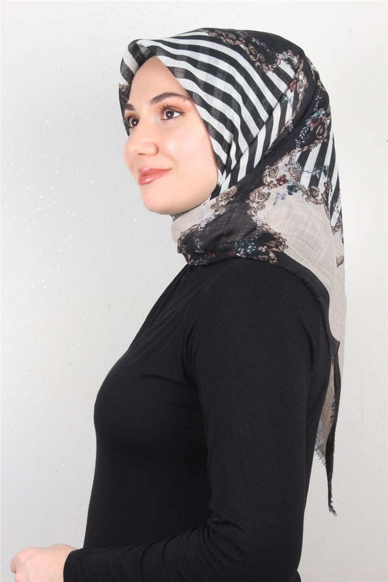 Pamuklu Trend Eşarp 9904-9 Siyah-Toprak