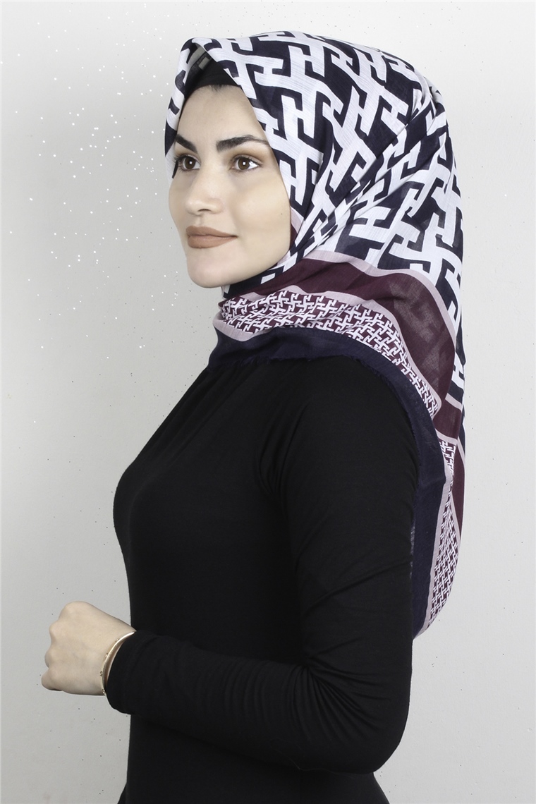 Pamuklu Trend Eşarp 9932-15 Lacivert-Mürdüm