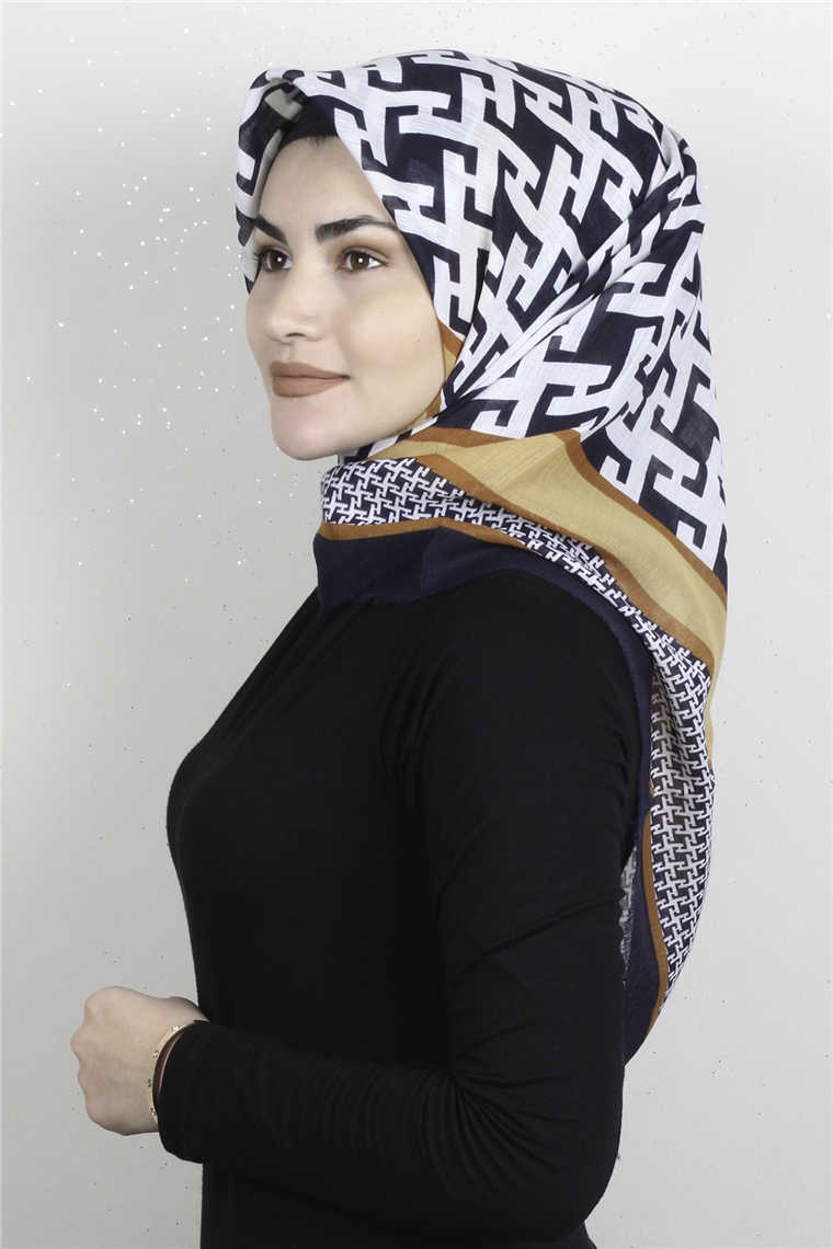 Pamuklu Trend Eşarp 9932-5 Lacivert-Sarı