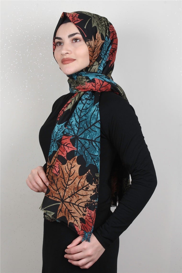 Pamuklu Twist Şal 1265-6 Siyah-Turkuaz