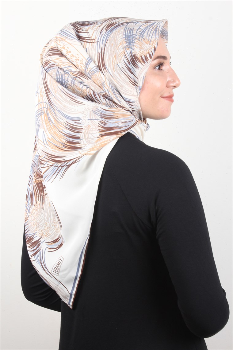 Piramit Krep Eşarp 116-0002-05 Krem-Mavi