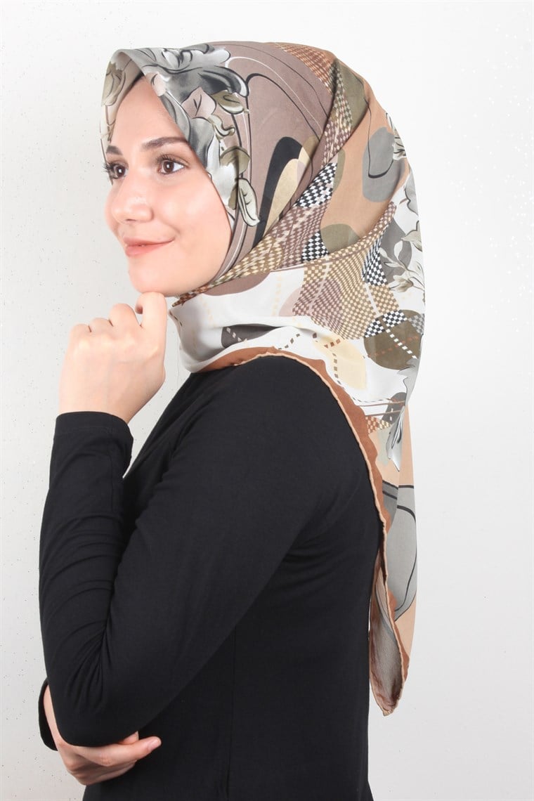 Piramit Krep Eşarp 116-0003-02 Kahve-Yeşil