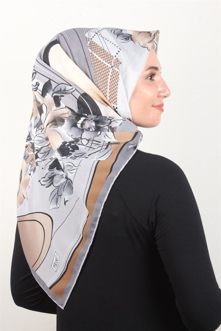 Piramit Krep Eşarp 116-0003-05 Gri-Kahve