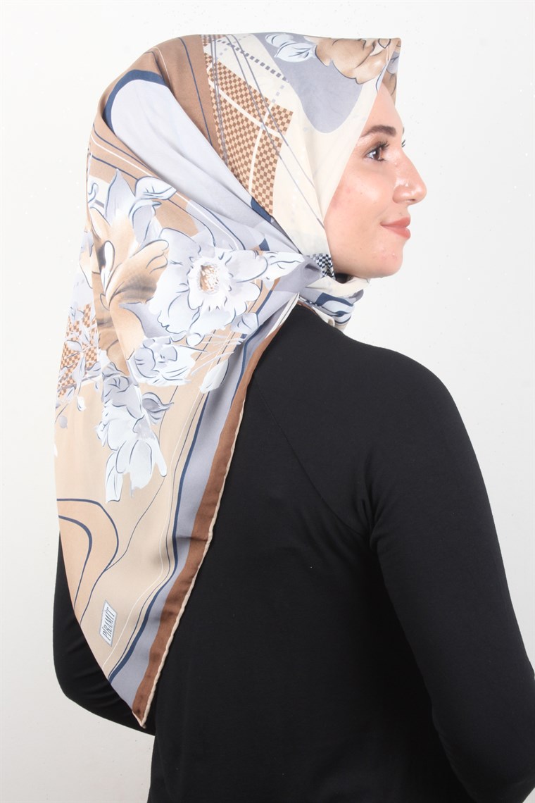 Piramit Krep Eşarp 116-0003-06 Kahve-Mavi