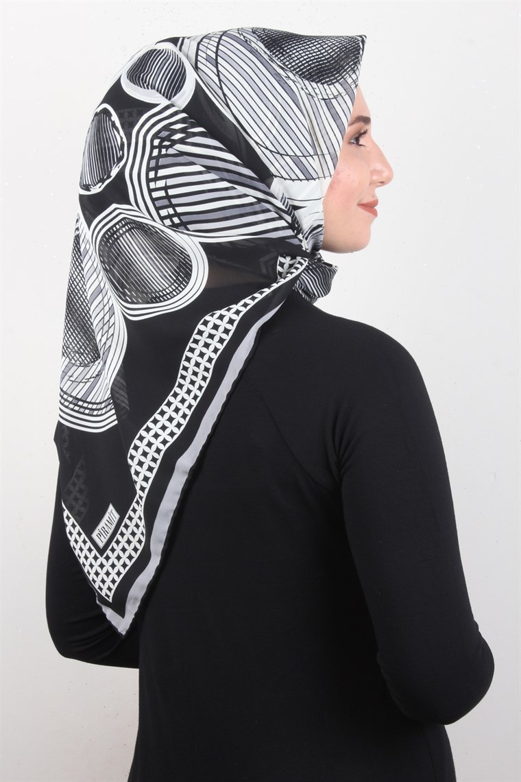 Piramit Krep Eşarp 116-0005-05 Gri-Siyah