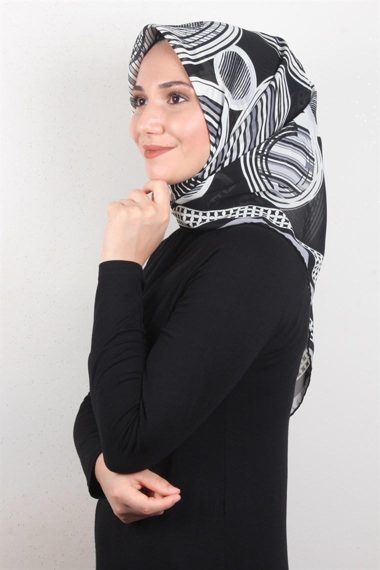 Piramit Krep Eşarp 116-0005-05 Gri-Siyah