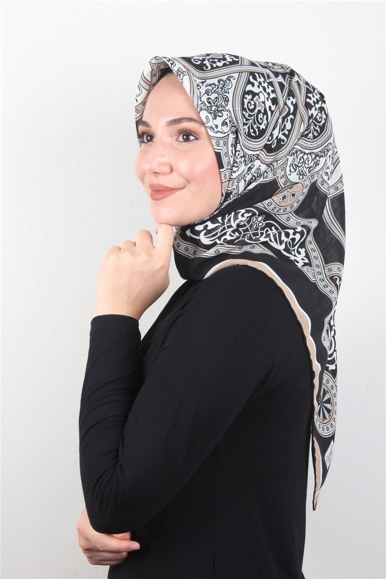 Piramit Krep Eşarp 116-0010-05 Siyah-Kahve