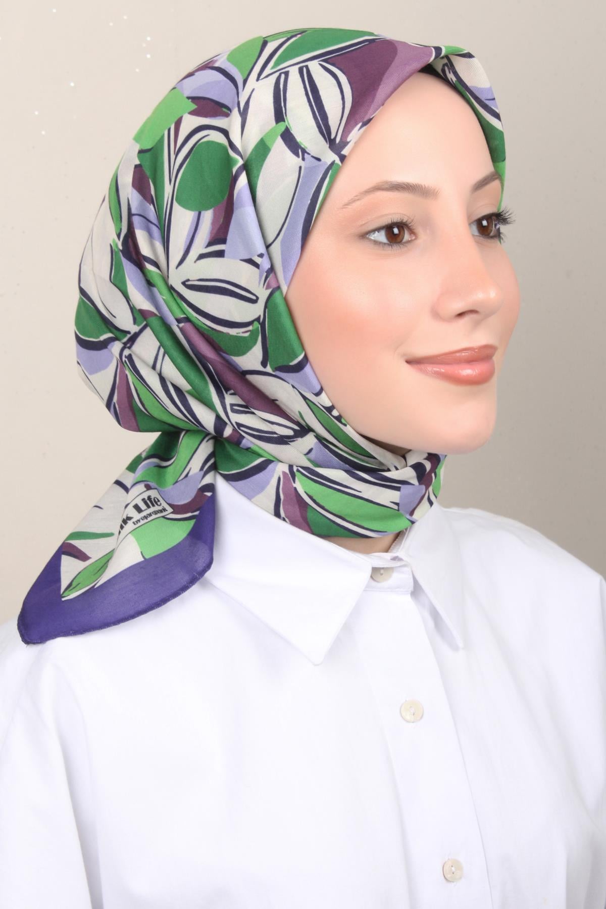 Silk Life Soft Pamuk Eşarp 4128-5 Mor Yeşil 