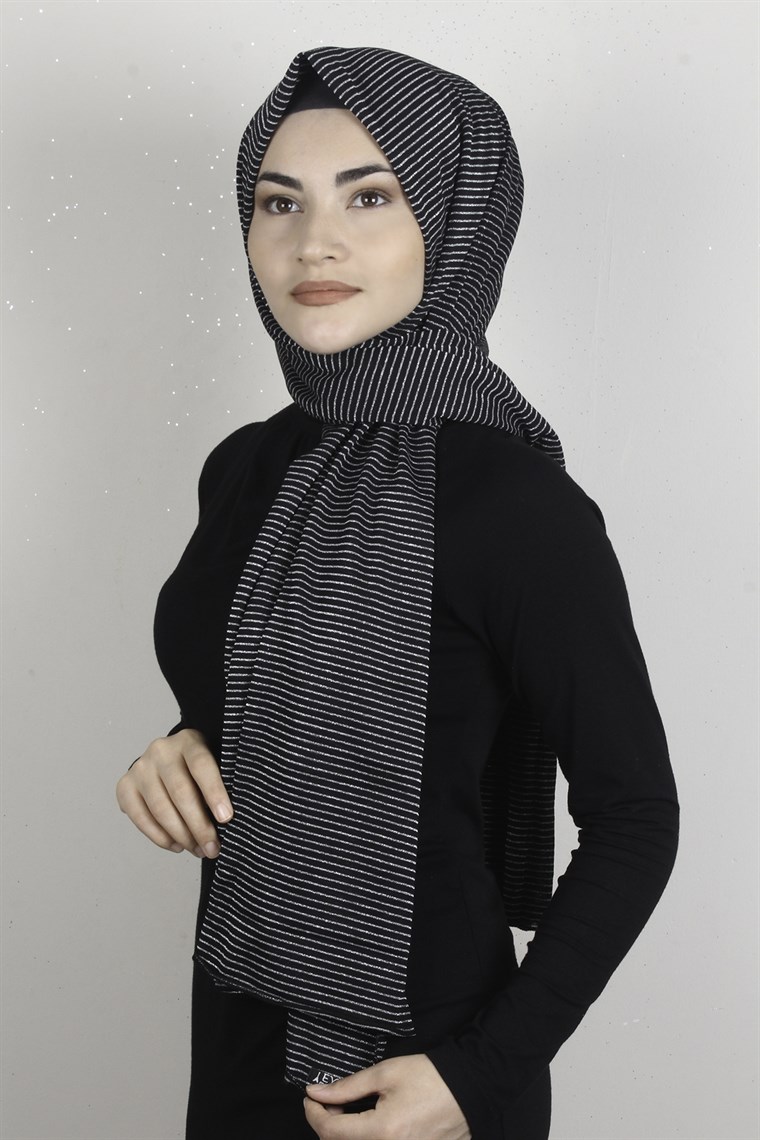 Simli Likralı Şal 608-1 Siyah
