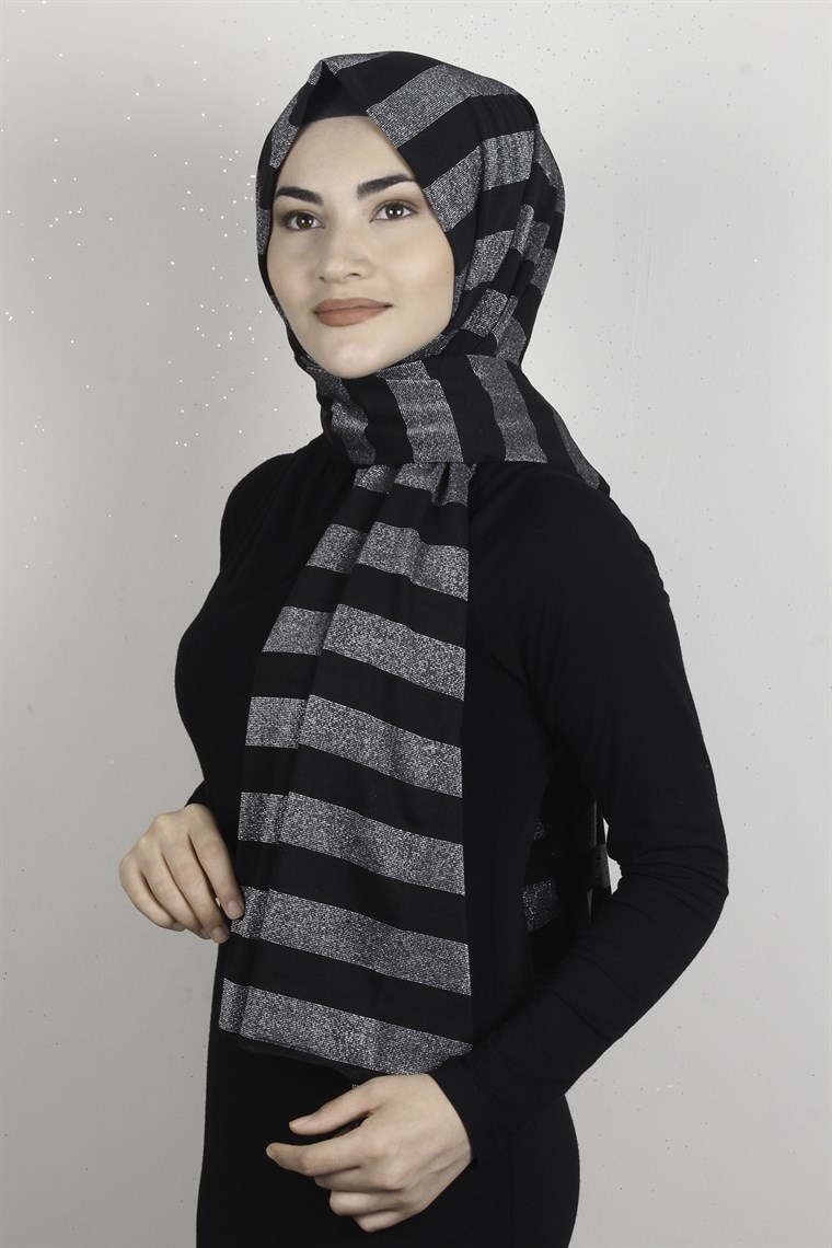 Simli Likralı Şal 608-2 Siyah