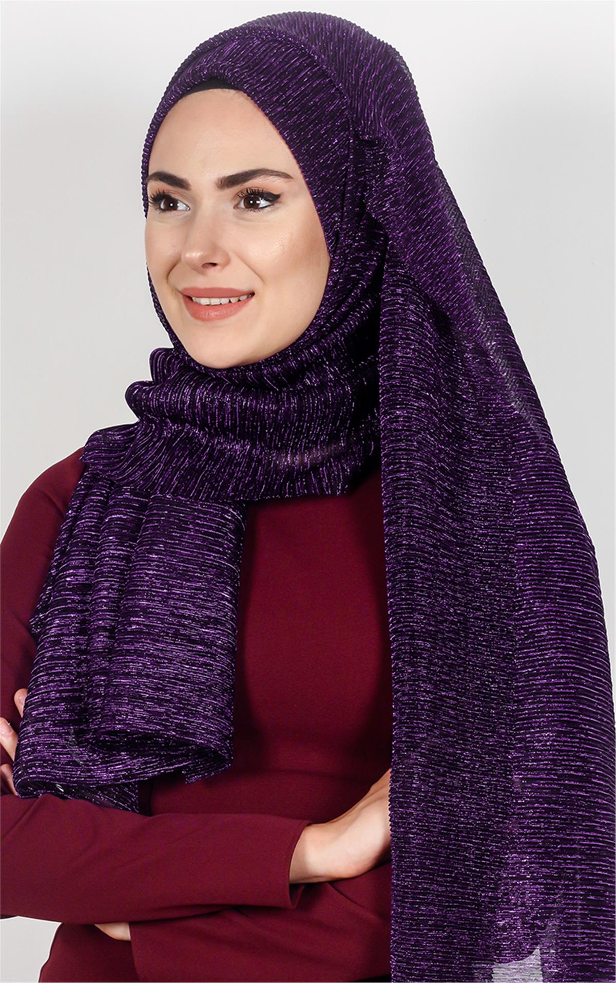 Simli Likralı Şal 608-6 Mor