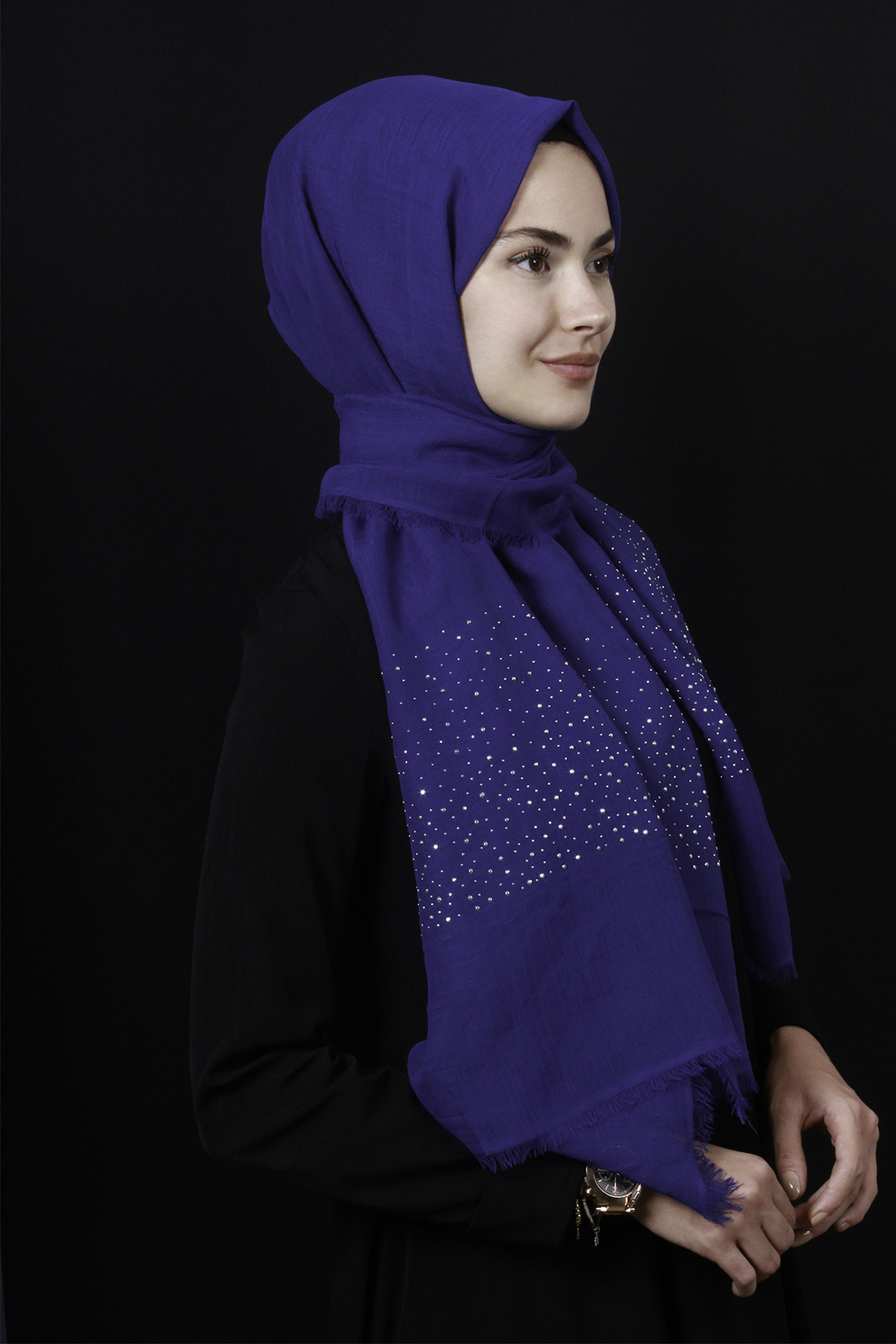 Taşlı Haiti Şal 2801-1 Saks Mavisi