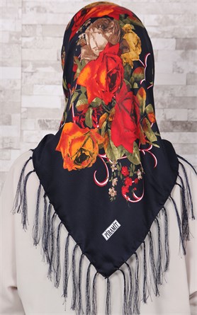 111-0003-09 PİRAMİT PÜSKÜLLÜ EŞARP LACİVERT TURUNCU