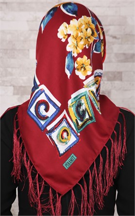 111-0006-02 PİRAMİT PÜSKÜLLÜ EŞARP BORDO 