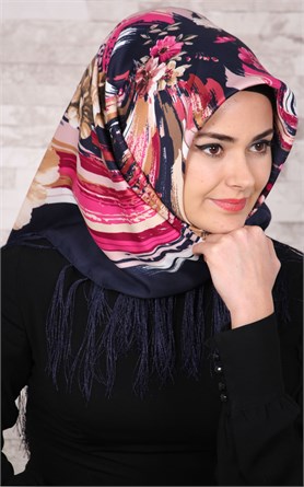 111-0005-04 PİRAMİT PÜSKÜLLÜ EŞARP LACİVERT 