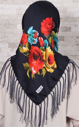 111-0001-04 PİRAMİT PÜSKÜLLÜ EŞARP  LACİVERT SARI