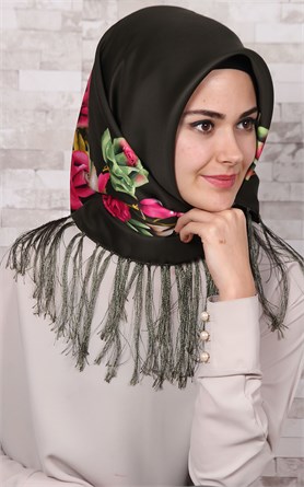 111-0001-01 PİRAMİT PÜSKÜLLÜ EŞARP KINA YEŞİLİ