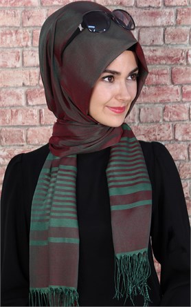 500-0007-01  ÇİFT YÖNLÜ İPEKSİ ŞAL BORDO YEŞİL