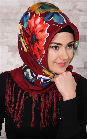 111-0006-02 PİRAMİT PÜSKÜLLÜ EŞARP BORDO 