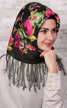 111-0002-01 PİRAMİT PÜSKÜLLÜ EŞARP KINA YEŞİLİ