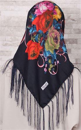 111-0003-05 PİRAMİT PÜSKÜLLÜ EŞARP LACİVERT TURUNCU