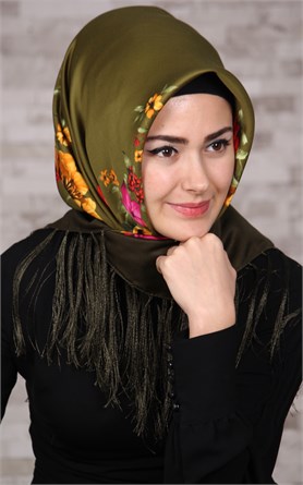 111-0011-02 PİRAMİT PÜSKÜLLÜ EŞARP KINA YEŞİLİ