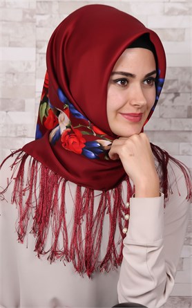 111-0001-02 PİRAMİT PÜSKÜLLÜ EŞARP  BORDO