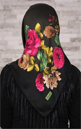 111-0011-06 PİRAMİT PÜSKÜLLÜ EŞARP SİYAH YEŞİL