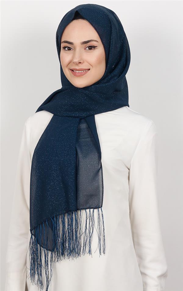 Fransız Simli Şal 2811-4 Lacivert