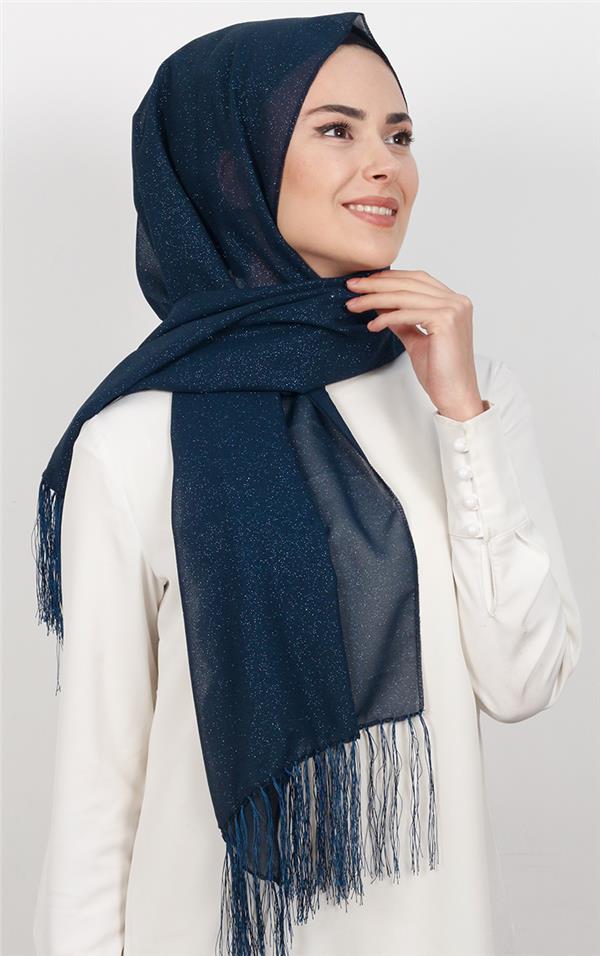 Fransız Simli Şal 2811-4 Lacivert