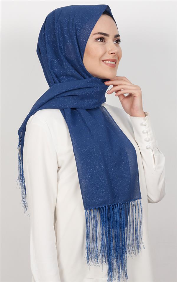 Fransız Simli Şal 2811-8 Saks Mavisi