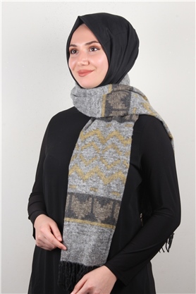 Geniş Omuz Şalı 5220-110 Sarı-Gri