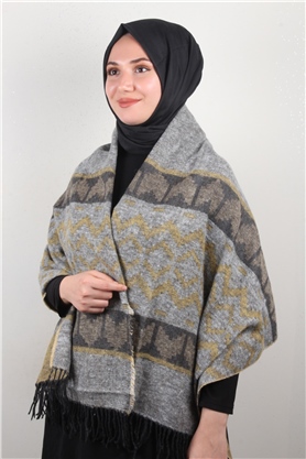 Geniş Omuz Şalı 5220-110 Sarı-Gri