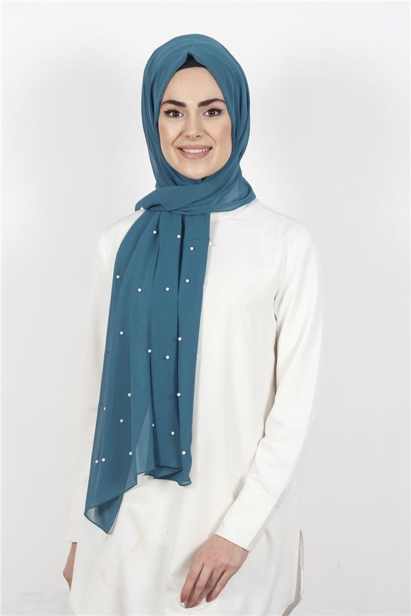 İncili Krep Şal 2810-19 Petrol Mavisi