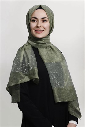 İpekli Taşlı Tül Şal 1067-24 Haki Yeşili