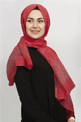 İpekli Taşlı Tül Şal 1067-27 Nar Çiçeği